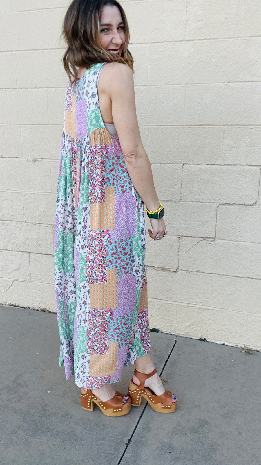 Rhiannon Flowy Boho Patchwork Jumpsuit- Sage & Coral Mix