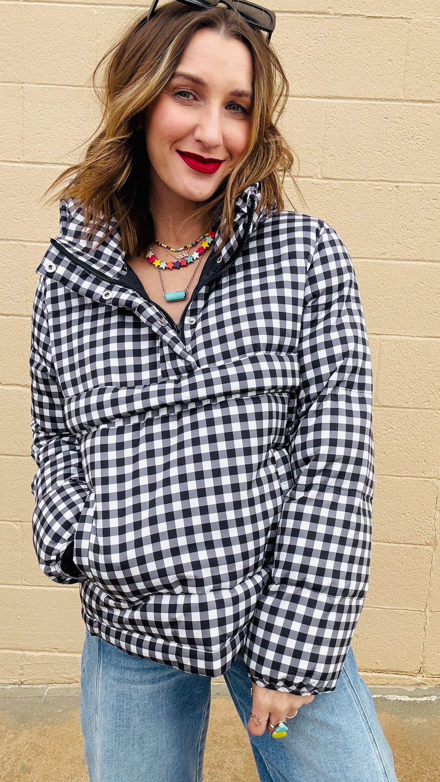 Chilly Chic Plaid Puffer Pullover- Black & White