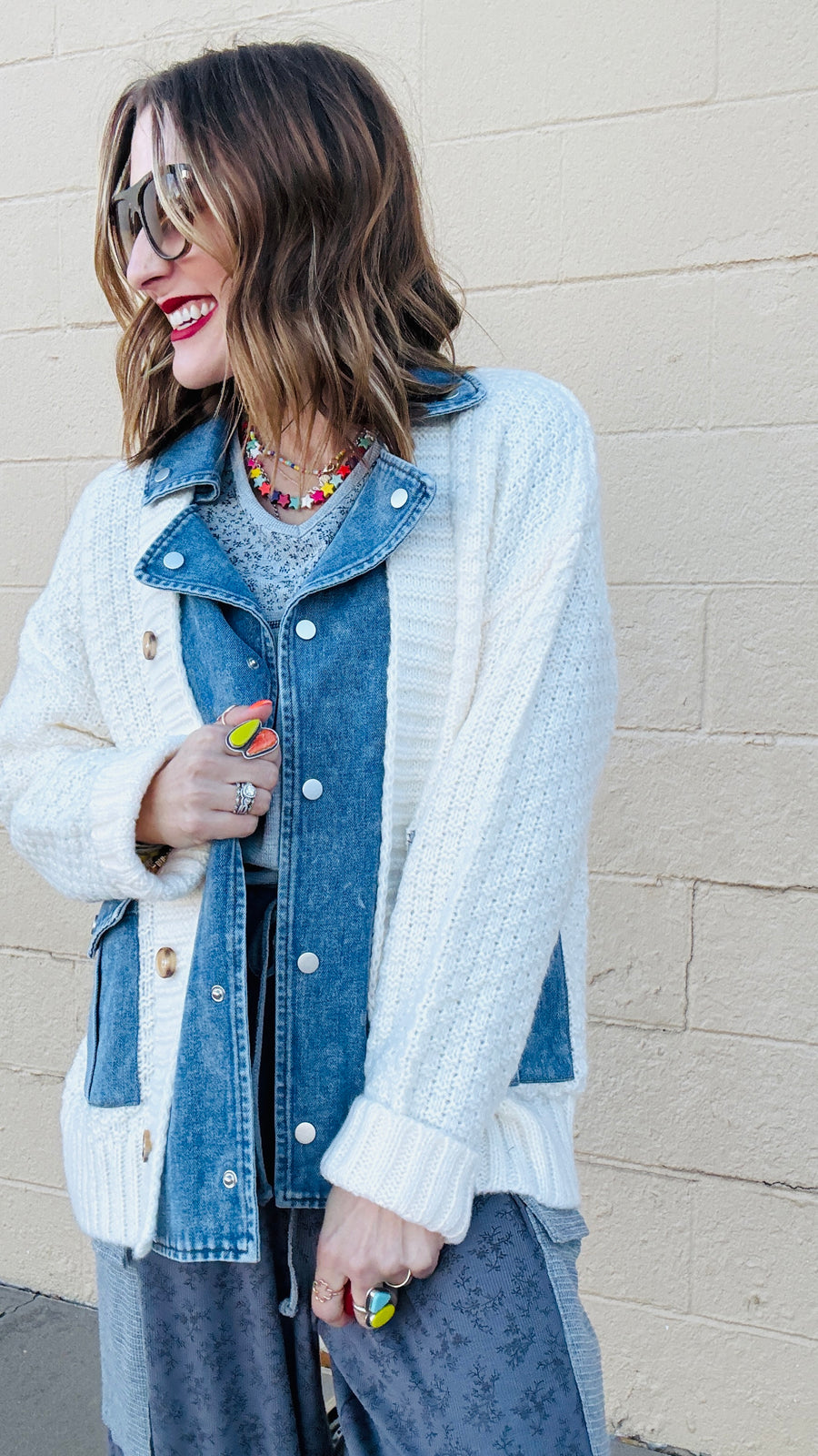 Cozy Contrast Knit Denim Accent Jacket- Cream