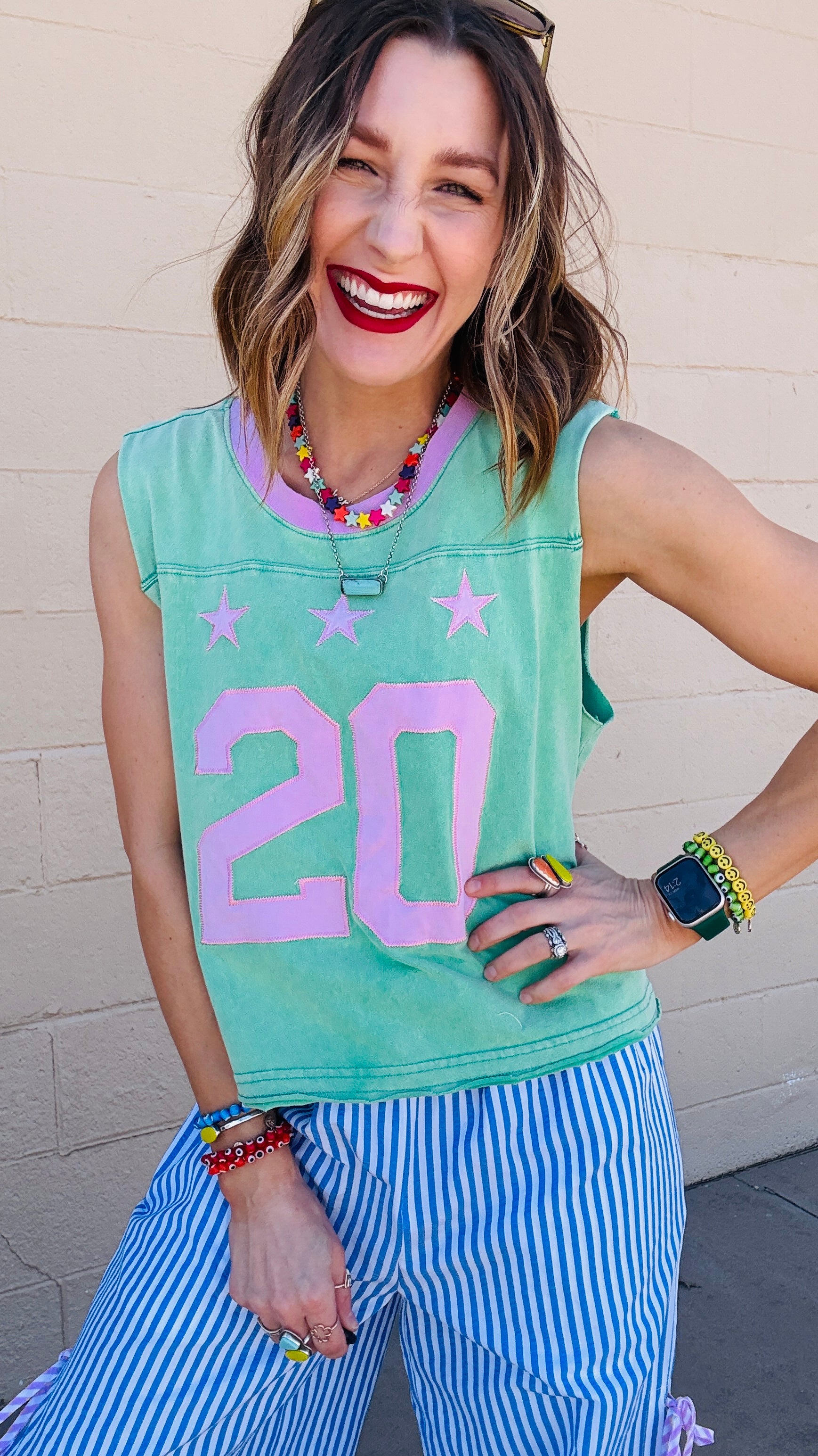 Victory Stars Muscle Tank-Green & Pink