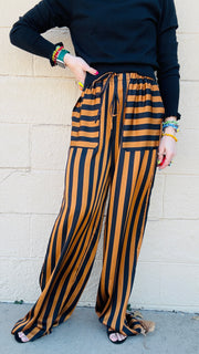 Black & Camel Striped Satin Pants