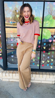 Cindy Striped Knit Tee- Mocha & Red