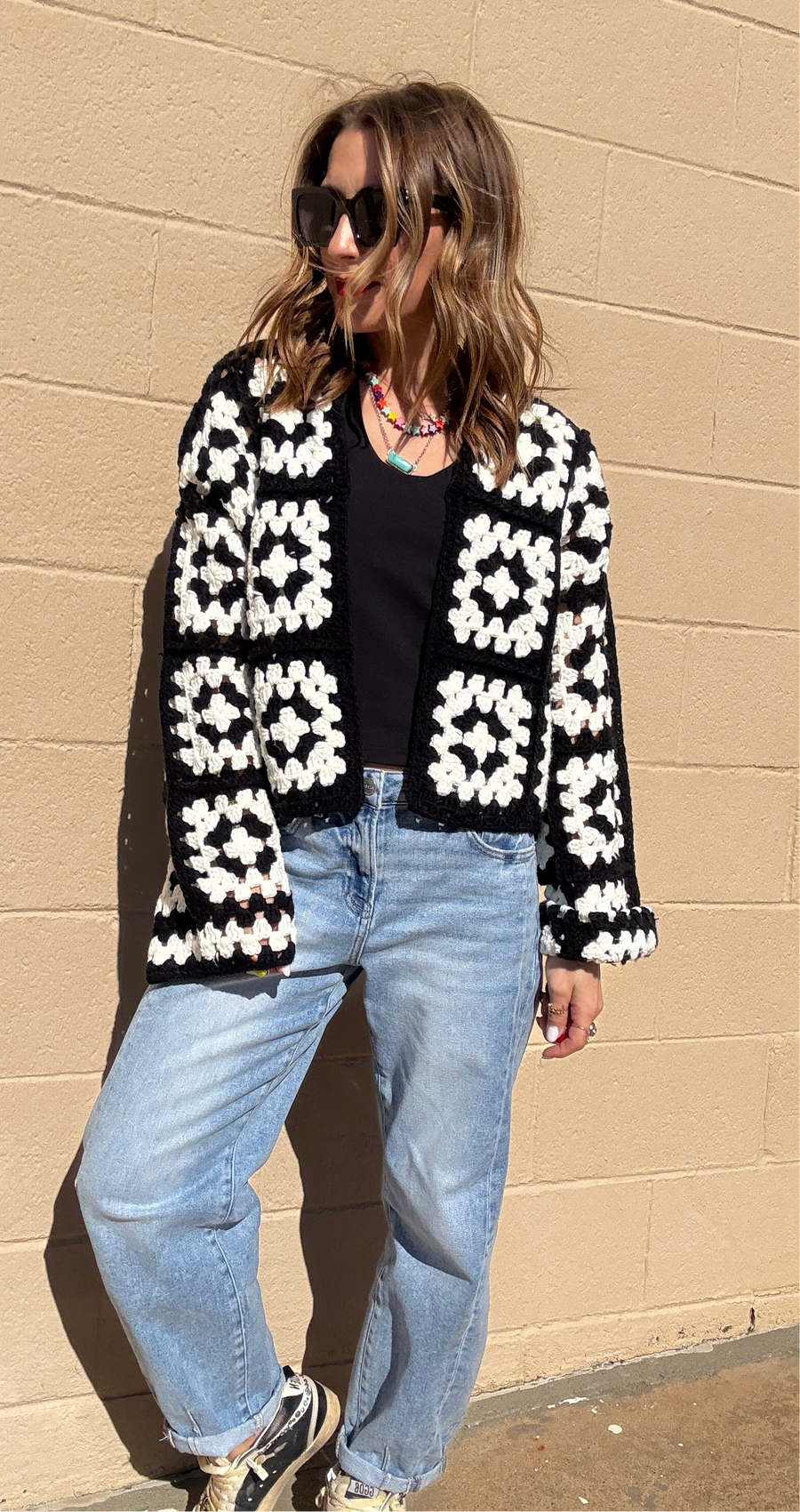 Anna Black & White Crochet Cropped Cardigan