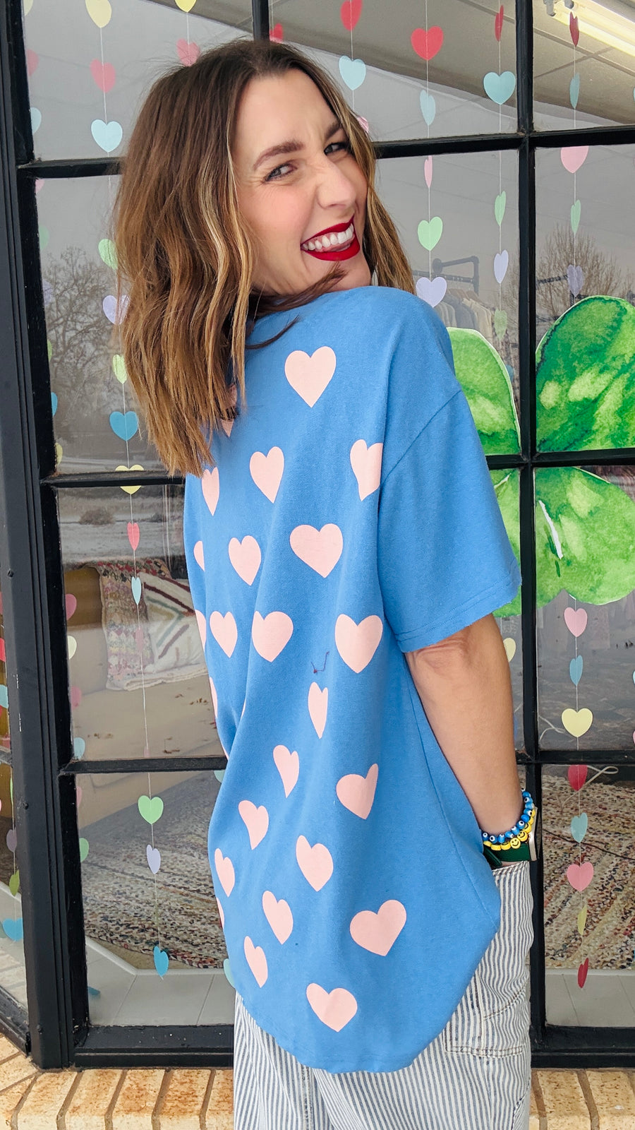 Gimmie Love Heart Stamped Oversized Tee- Blue