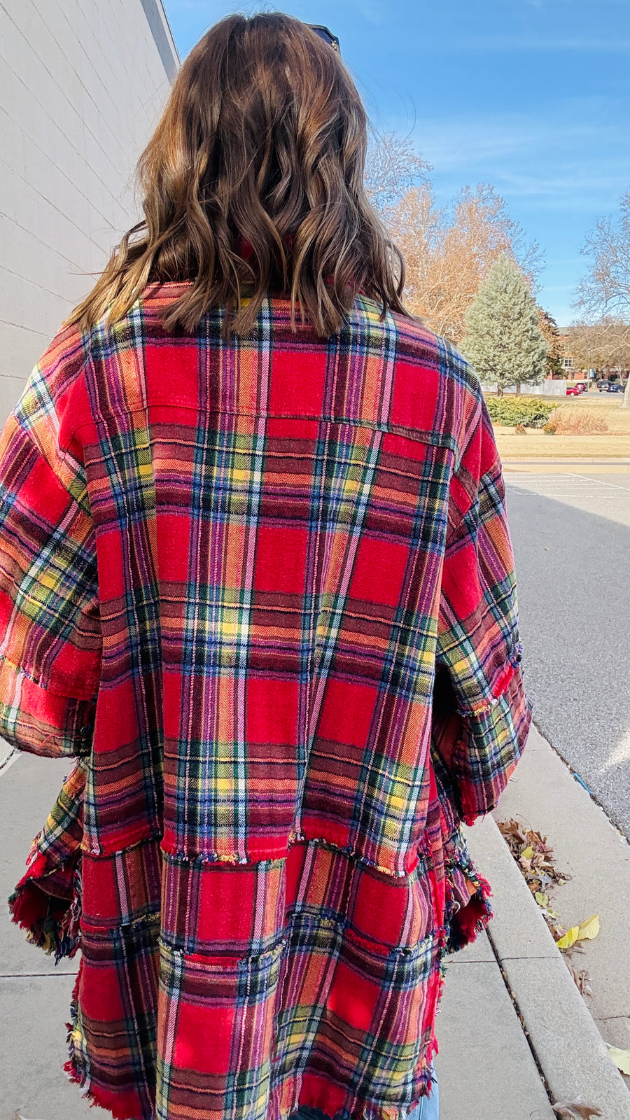 Flannel Season Oversized Raw Seam Top- Red Combo