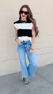Avery Color Block Knit Cap Sleeve Top- Black