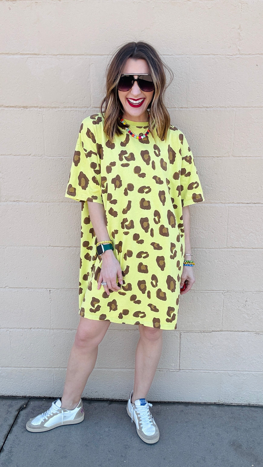 Emma leopard Print T-Shirt Dress- Neon Pineapple