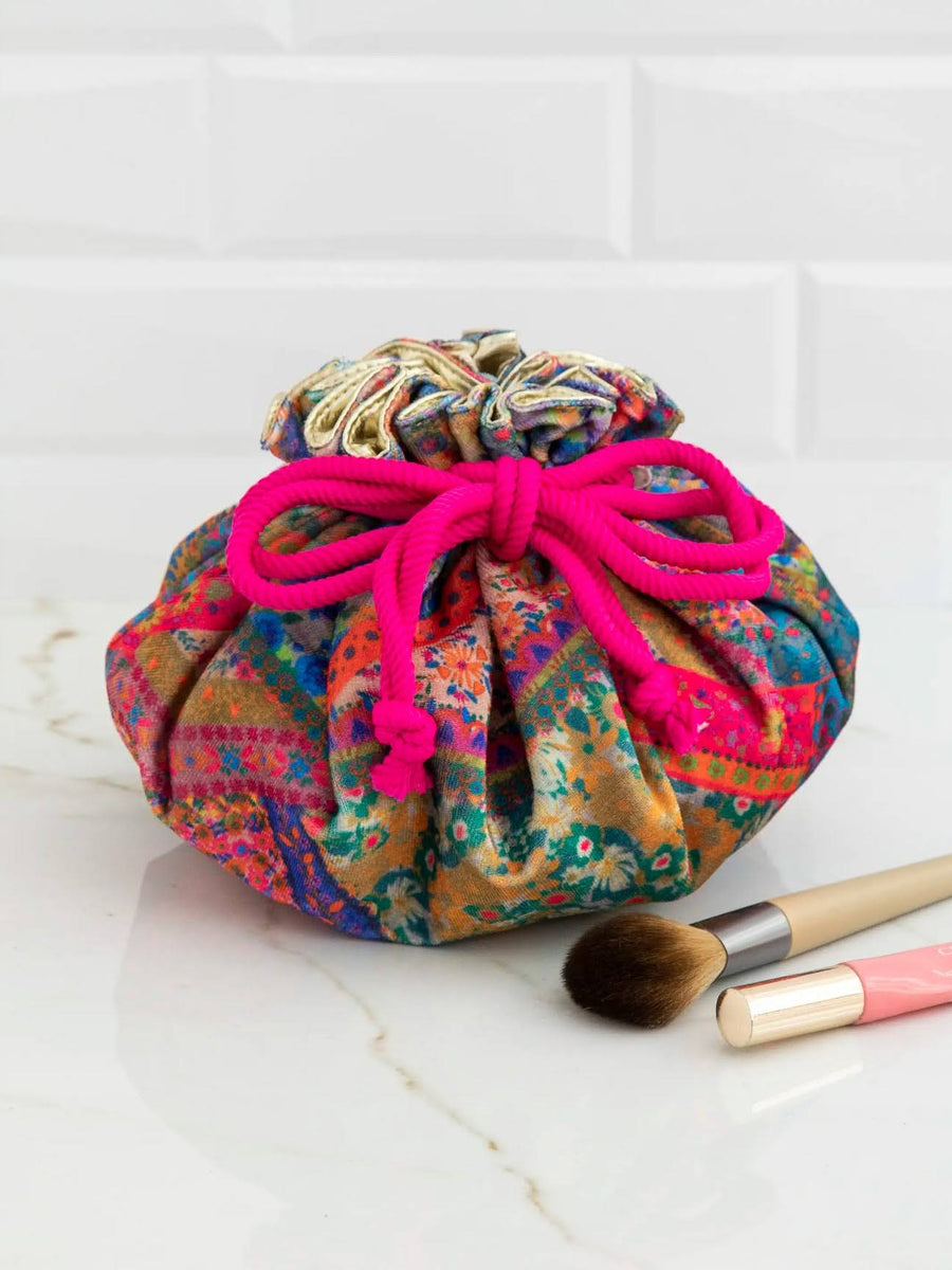 On The Go Reversable Drawstring Cosmetics Pouch- Floral & Gold