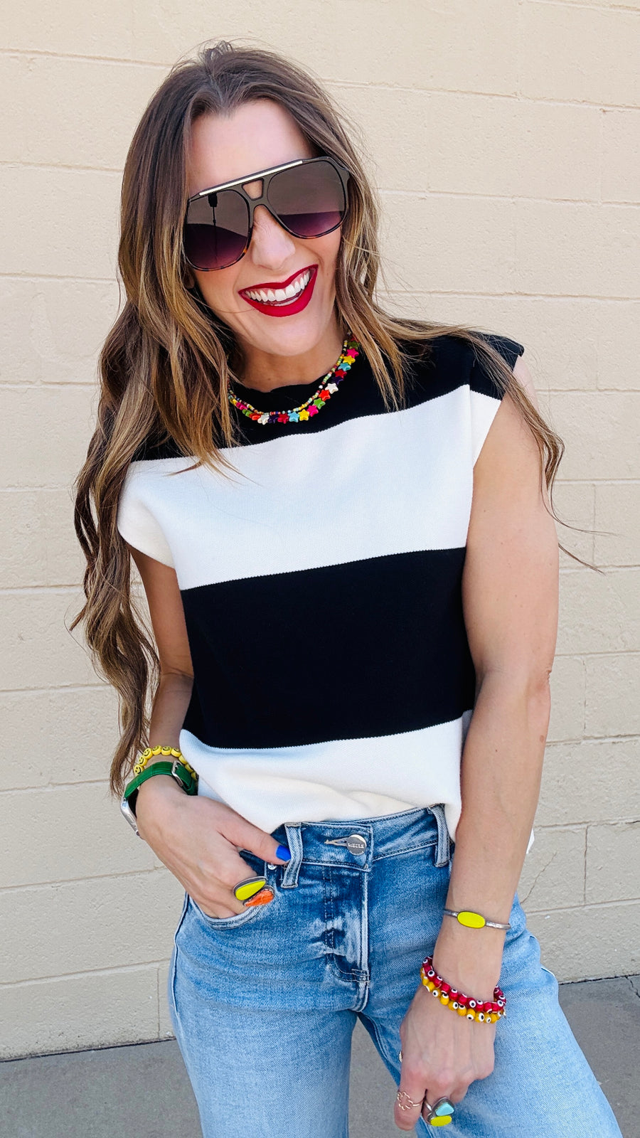 Avery Color Block Knit Cap Sleeve Top- Black