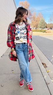 Flannel Season Oversized Raw Seam Top- Red Combo