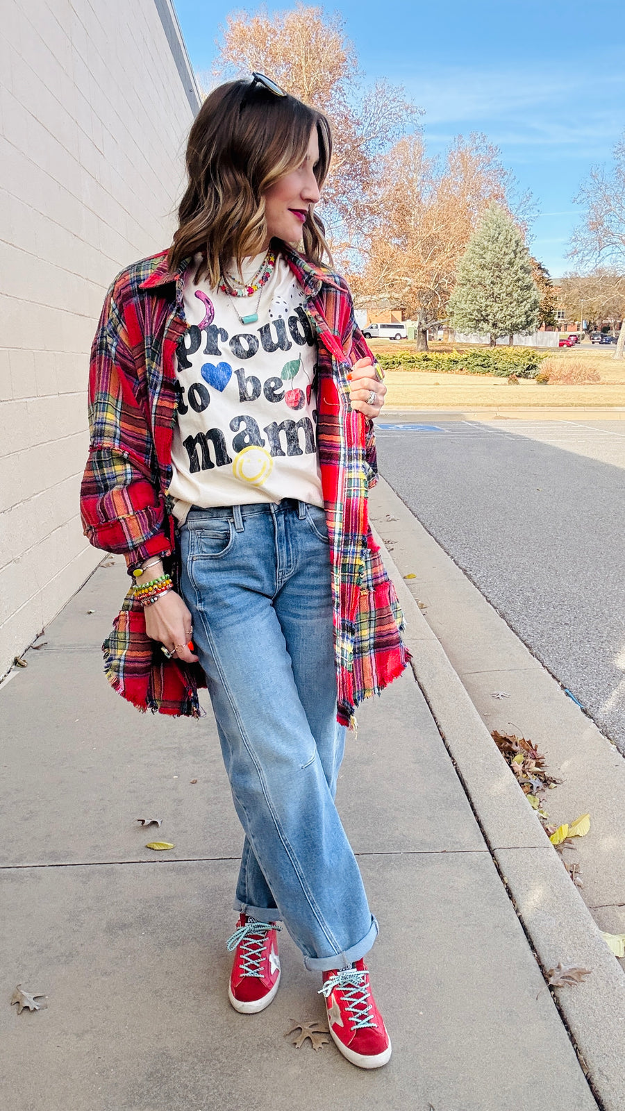 Flannel Season Oversized Raw Seam Top- Red Combo