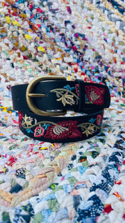 Floral Embroidered Statement Belt- Black