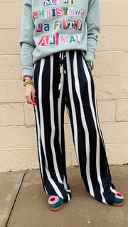 Satin Stroll Striped Wide Leg Pants- Black