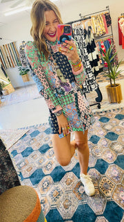 Multicolor Mix Print Jacket and Skort Set