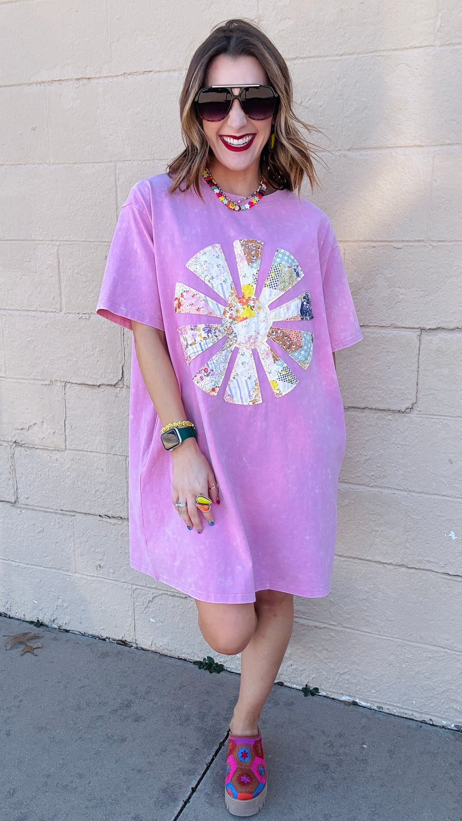 Sunshine Sweetie Patchwork T-Shirt Dress-Pink