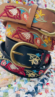 Floral Embroidered Statement Belt- Camel