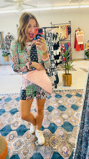 Multicolor Mix Print Jacket and Skort Set