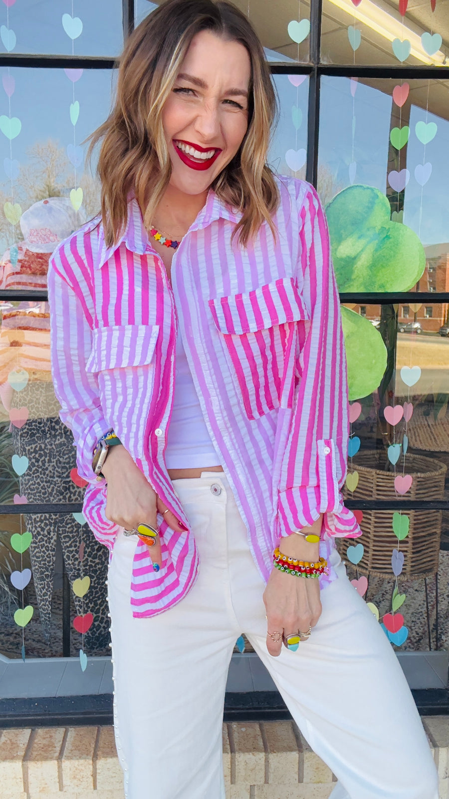 Presley Mixed Stripes Button-Up Top- Pink