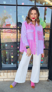 Presley Mixed Stripes Button-Up Top- Pink