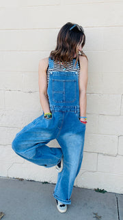 Molly Wide Barrel Leg Denim Overalls- Medium Wash