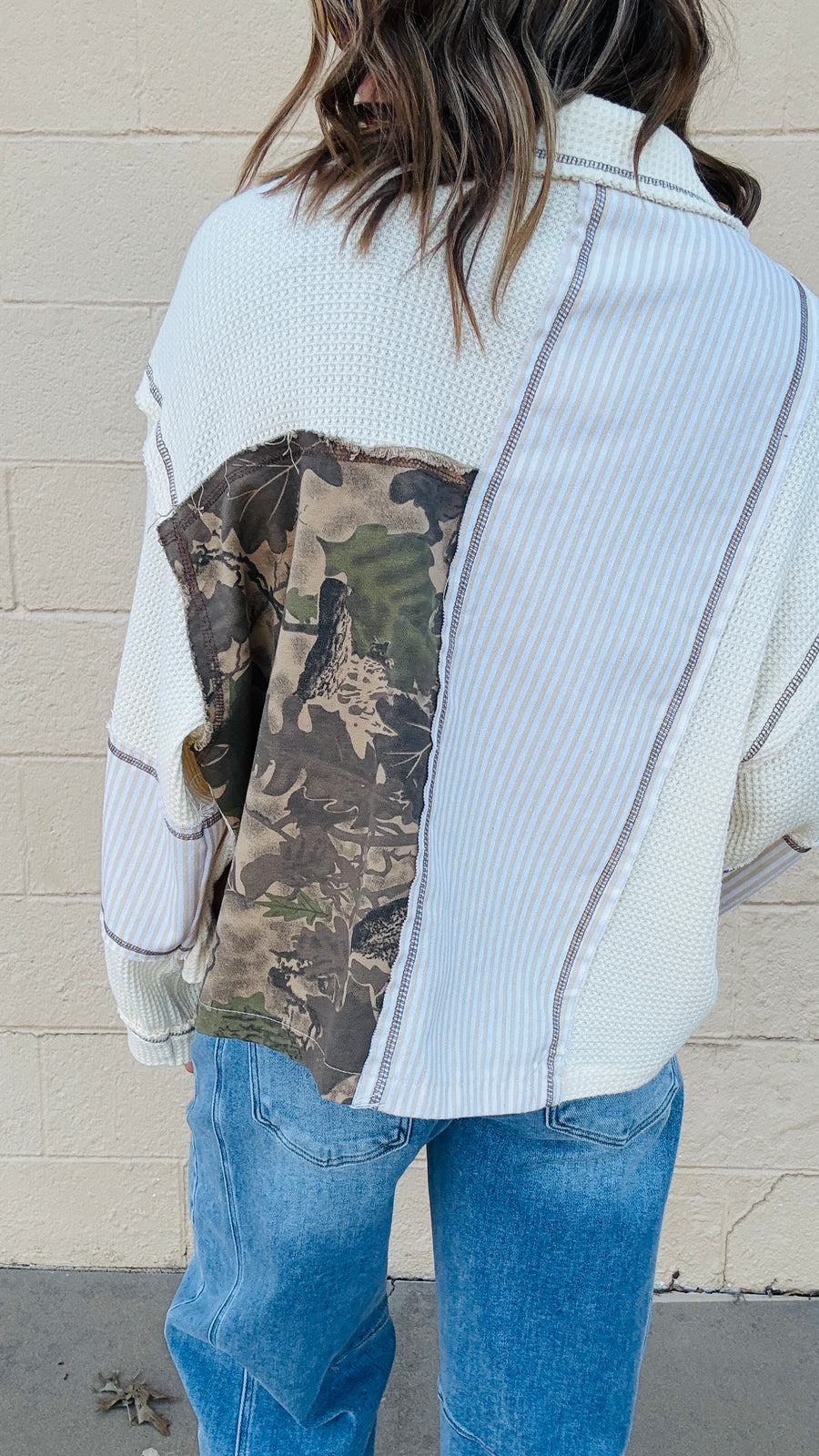 Camo and Stripe Patchwork Waffle Knit Top