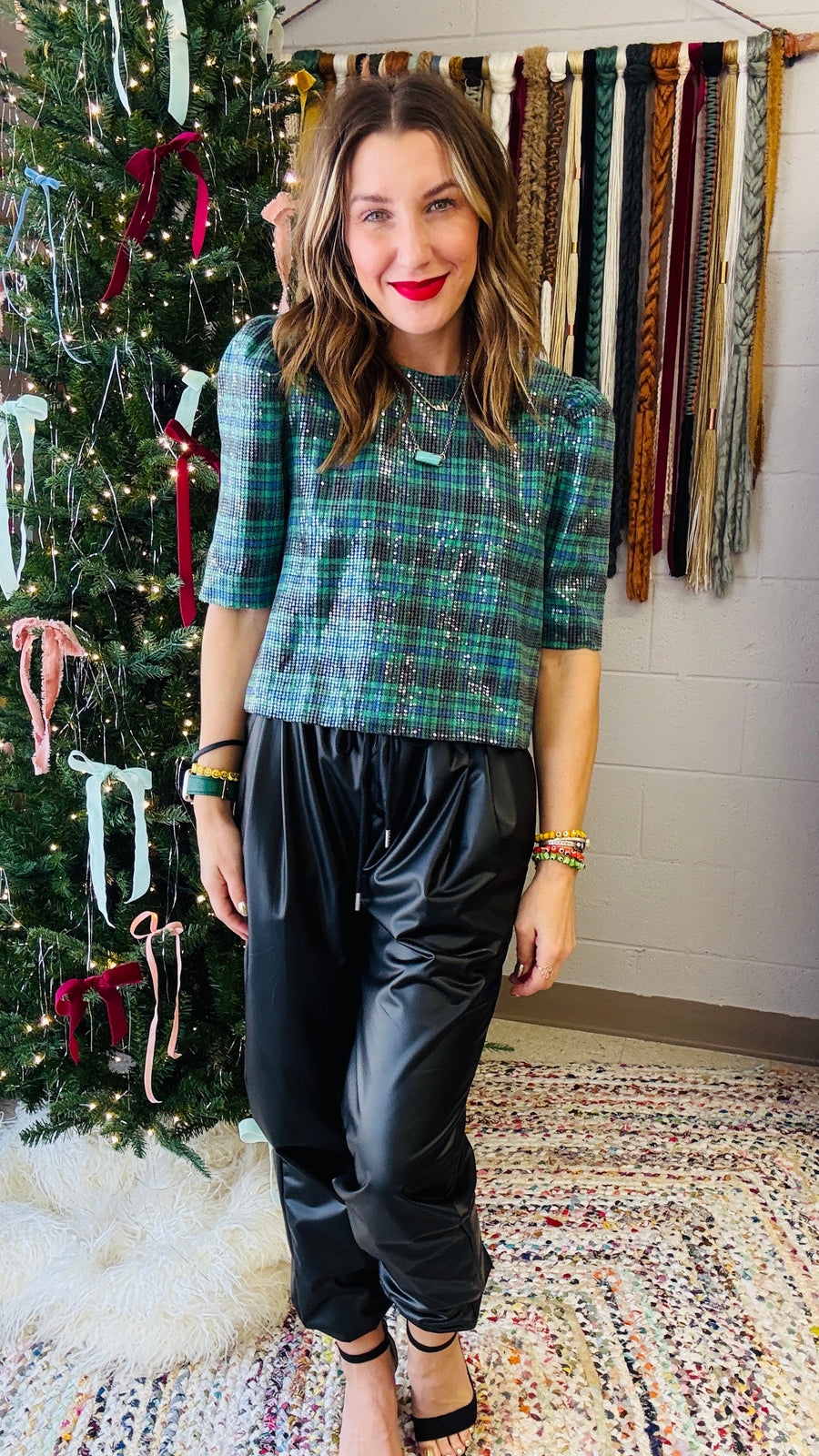 Jingle Bell Rock Sequins Plaid Top- Hunter Green Mix