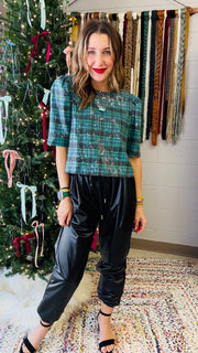 Jingle Bell Rock Sequins Plaid Top- Hunter Green Mix