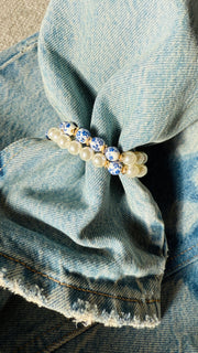 Blue Floral Bead Pearl Bracelet Set