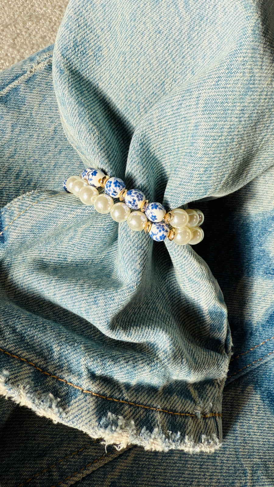 Blue Floral Bead Pearl Bracelet Set