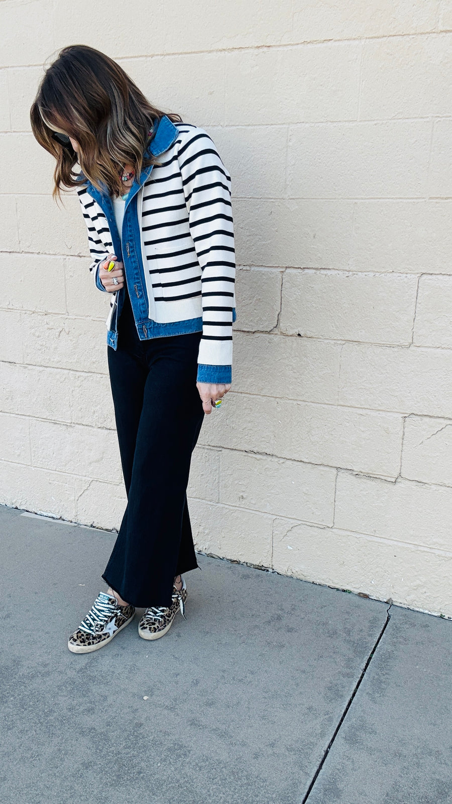 Denim and Striped Mixed Material Jacket