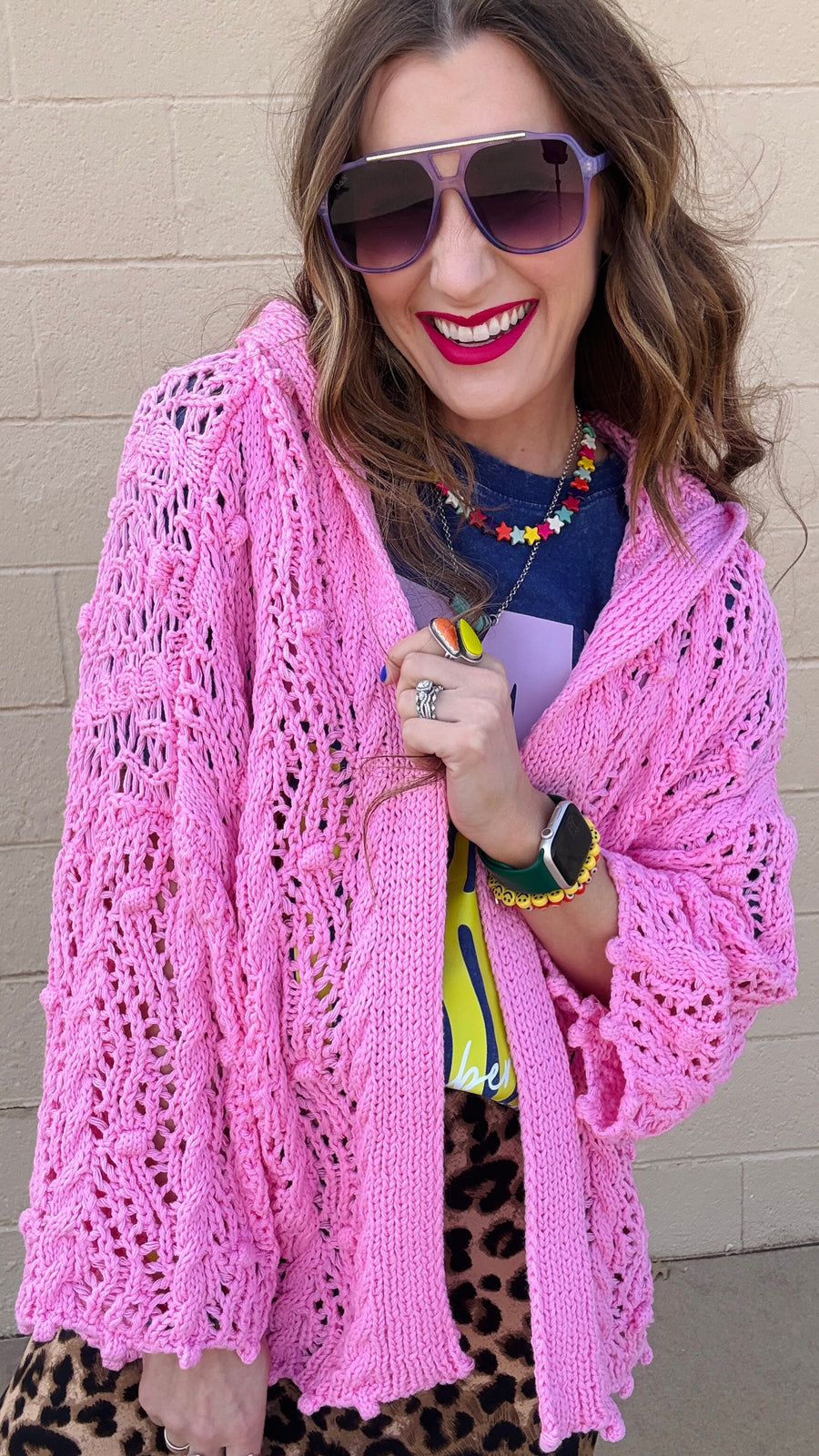 Skyline Breeze Crochet Cardigan-Bubblegum Pink