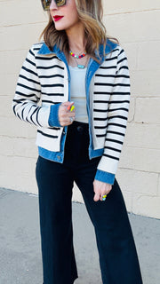 Denim and Striped Mixed Material Jacket