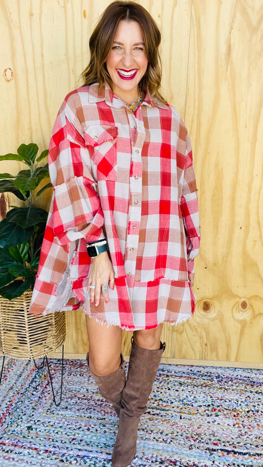 Hayride Honey Plaid Oversized Flannel Dress- Red or Brown Mix