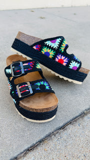 Floral Heights Black Multi Crochet Platform Sandal