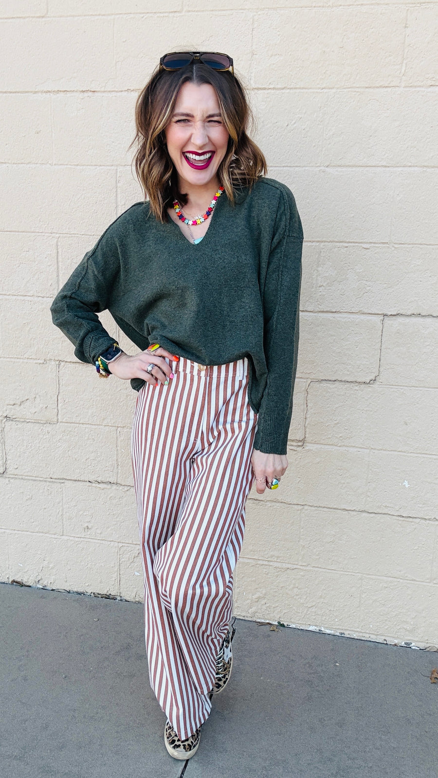 Bronze & Ivory Striped Wide Leg Pants