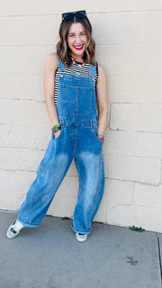 Molly Wide Barrel Leg Denim Overalls- Medium Wash