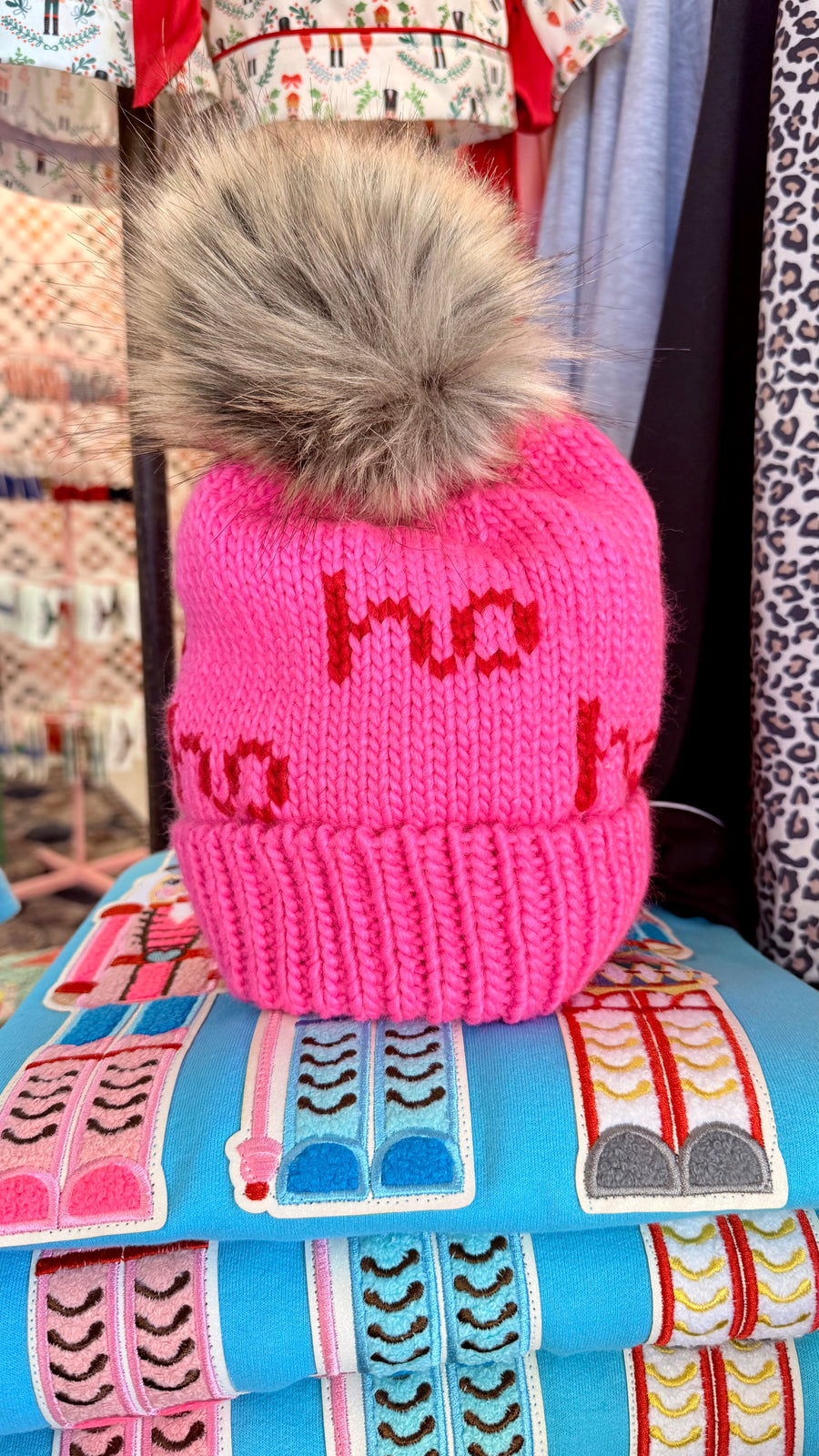 Ho Ho Ho Holiday Pink Pom Pom Beanie