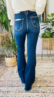 High Rise Vintage Frayed Hem Flare Jeans- Dark Wash