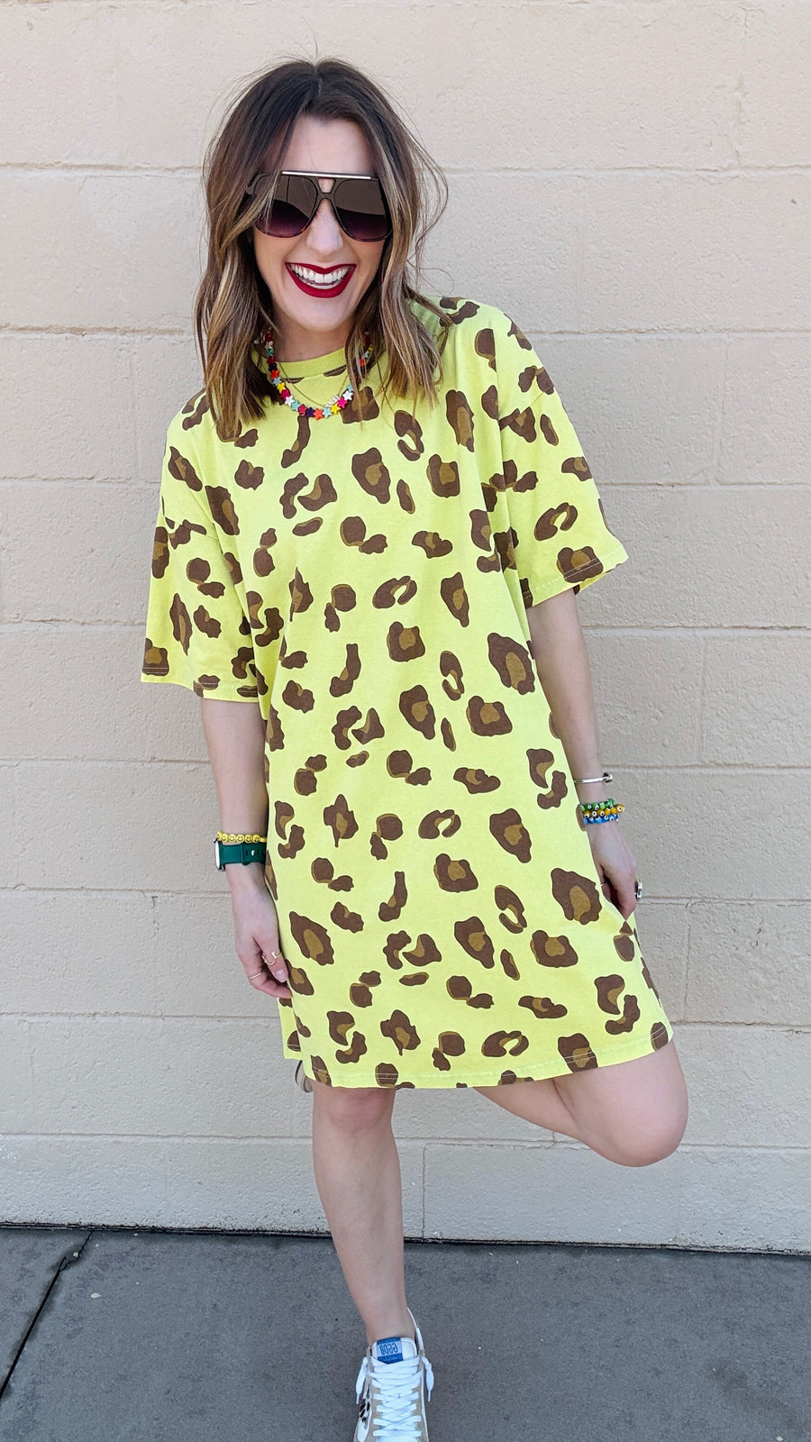 Emma leopard Print T-Shirt Dress- Neon Pineapple