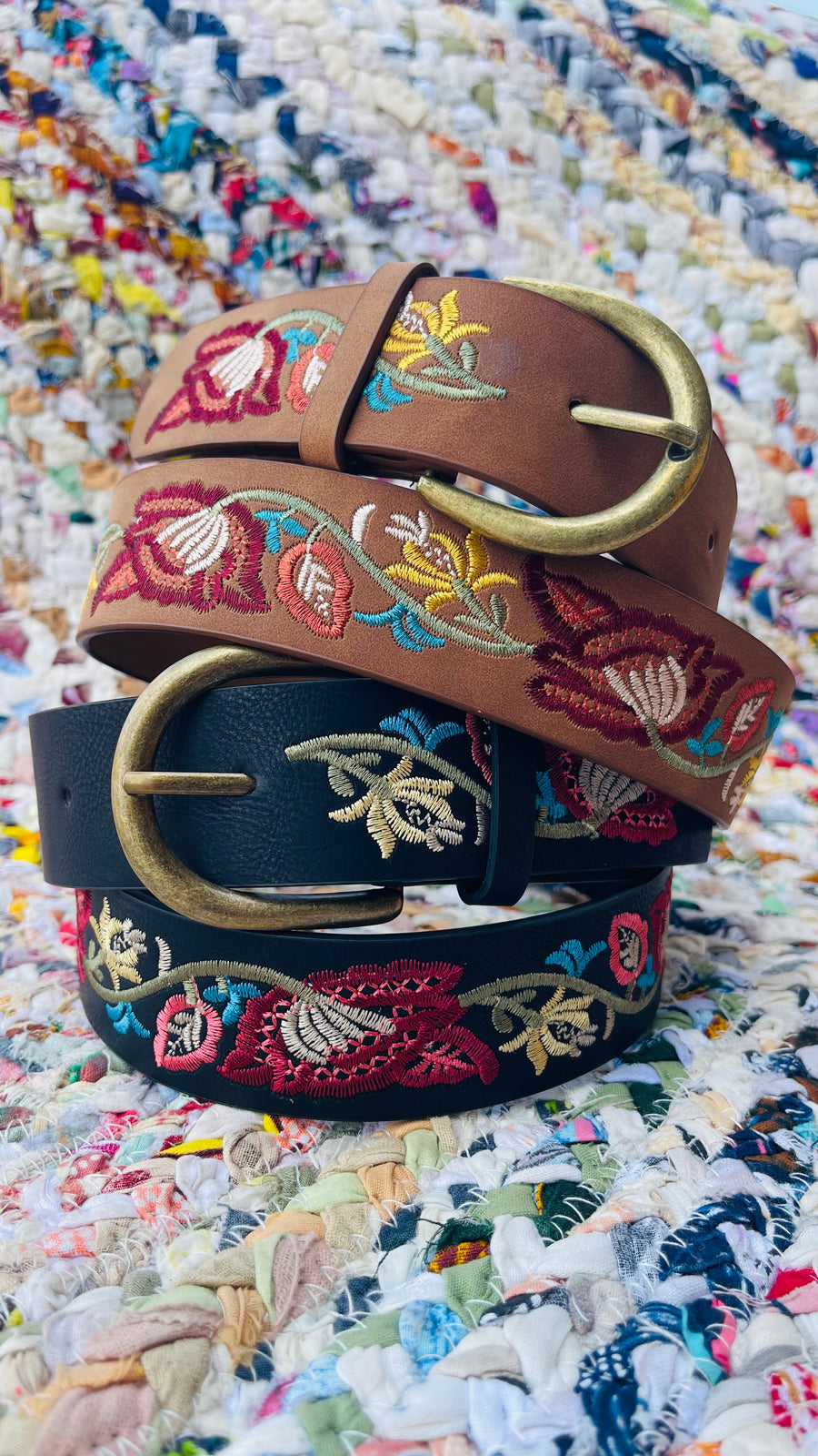 Floral Embroidered Statement Belt- Camel