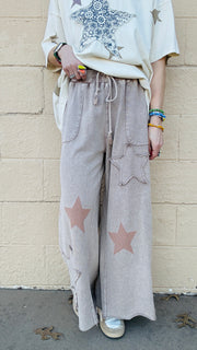 Superstar Distressed Patchwork Wide Leg Pants - Latte