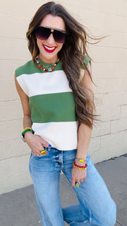 Avery Color Block Knit Cap Sleeve Top- Basil