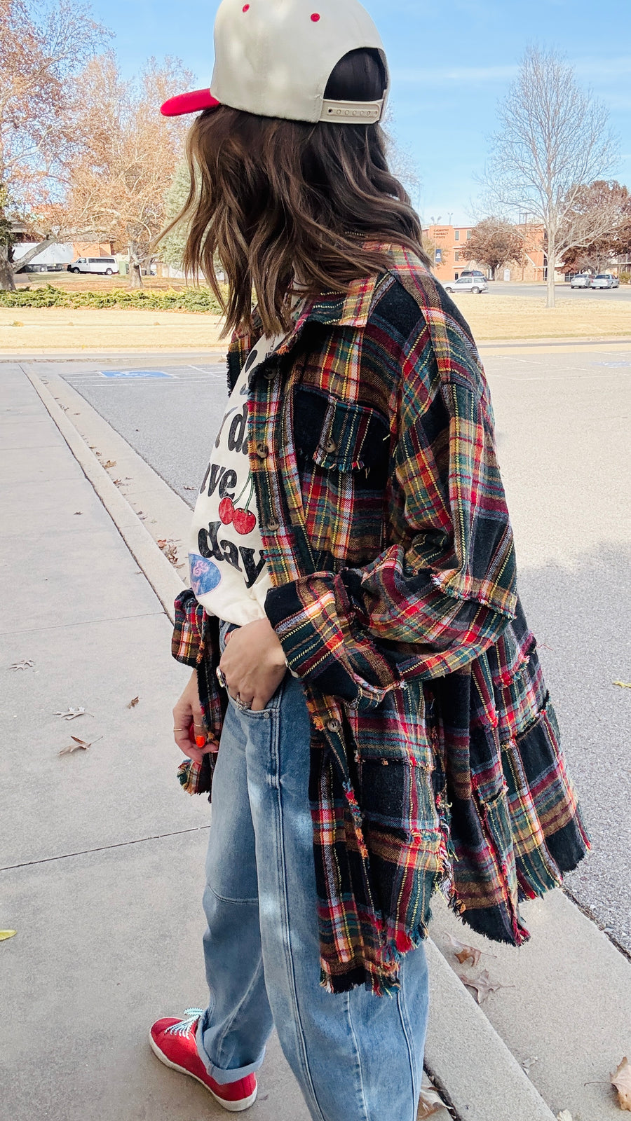 Flannel Season Oversized Raw Seam Top- Black Combo