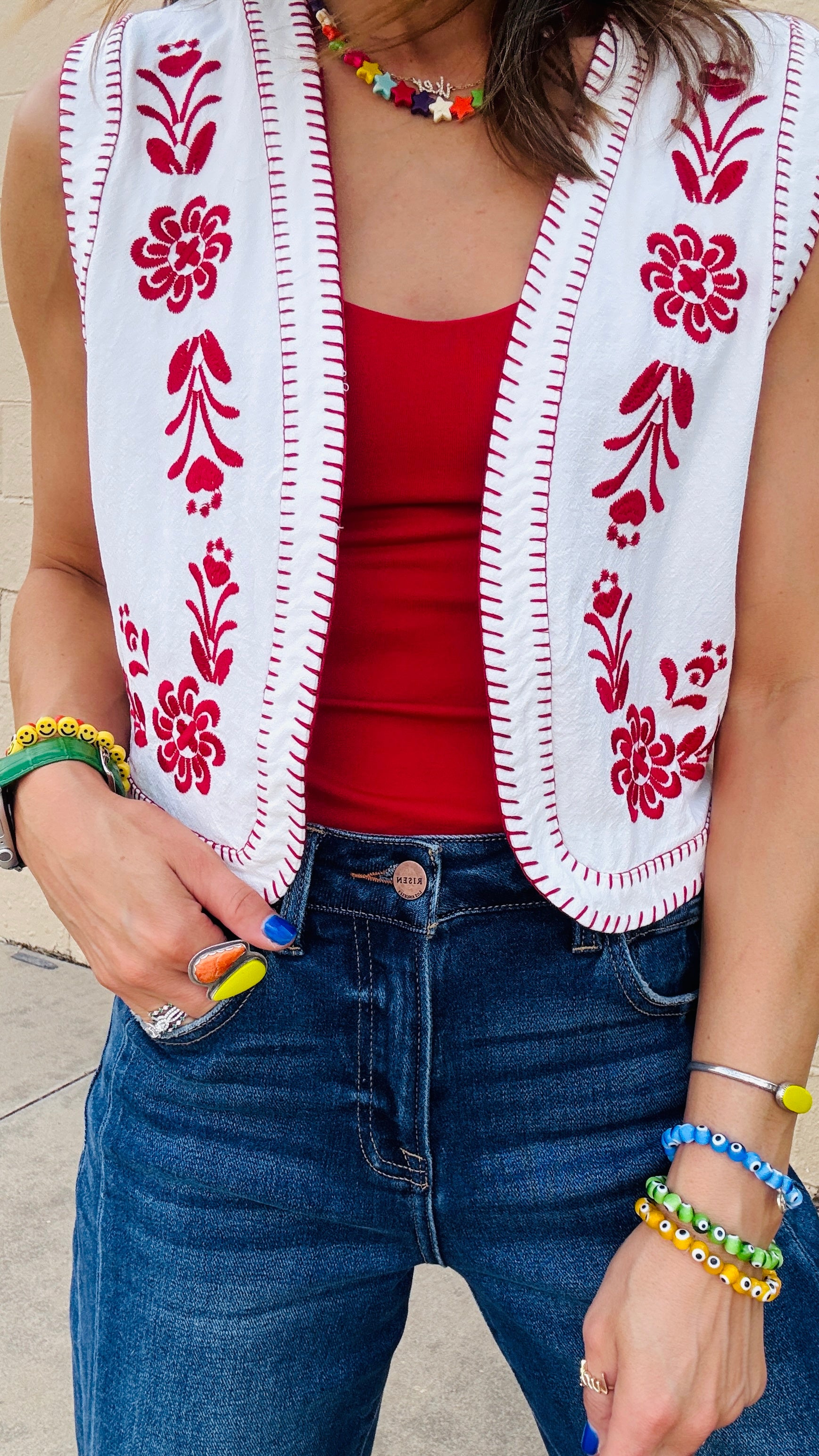Scarlet Bloom Embroidered Vest