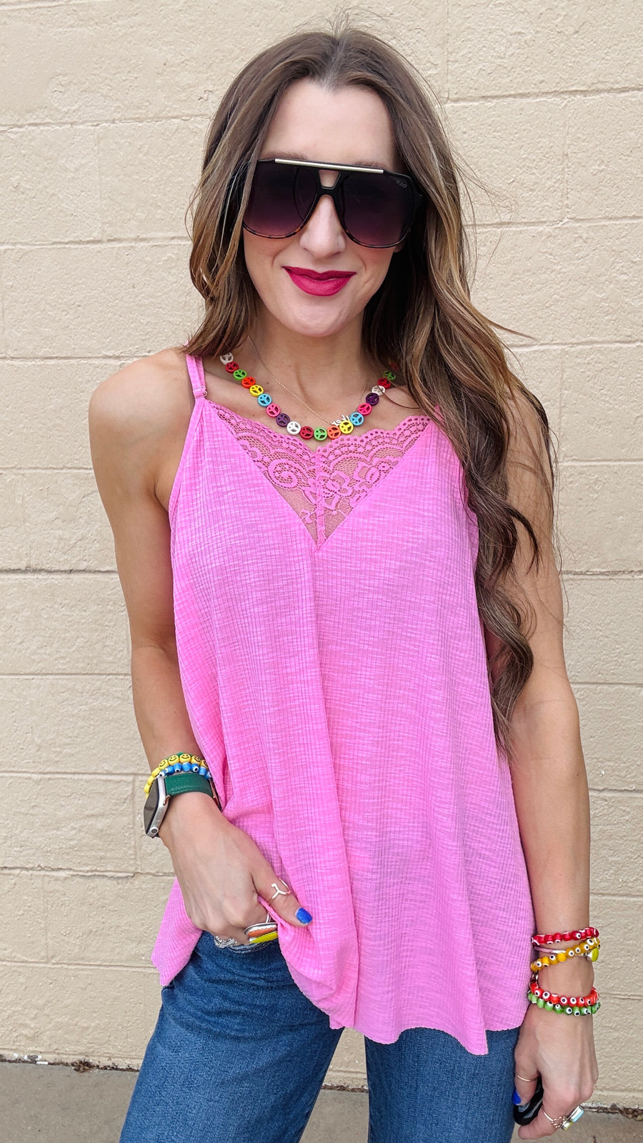 Lace Inset Dream Tank - Candy Pink