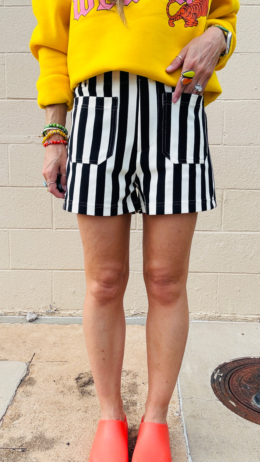 Wrenlee Waffle Knit Striped Shorts- Black & White