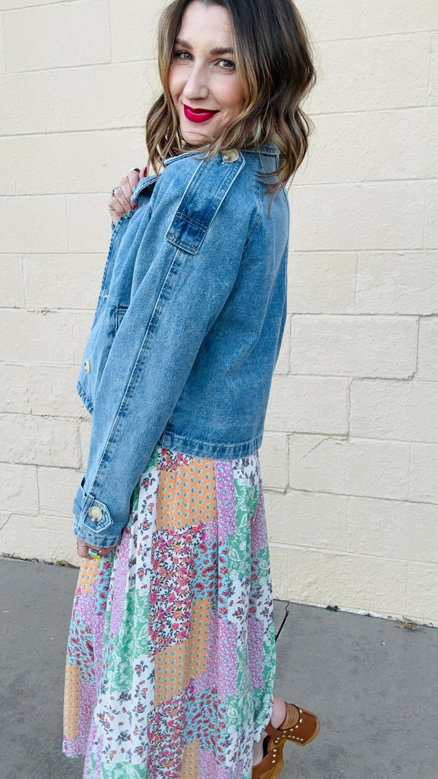 Double Breasted Cropped Denim Jacket- Light Wash