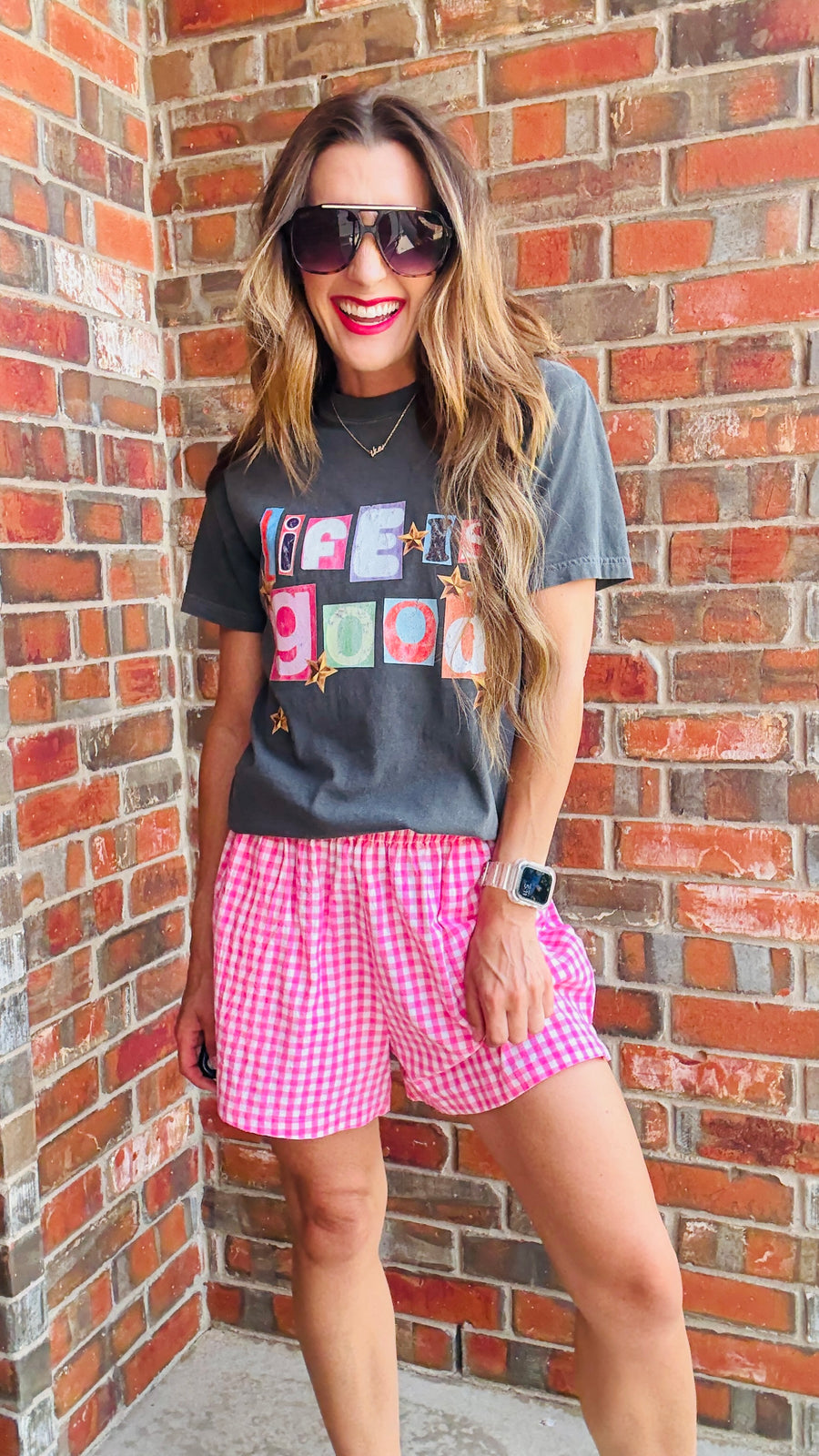 Gingham Breeze Shorts-Pink & White