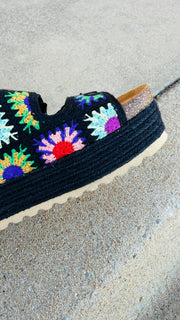 Floral Heights Black Multi Crochet Platform Sandal