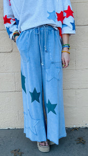 Superstar Distressed Patchwork Wide Leg Pants- Washed Denim